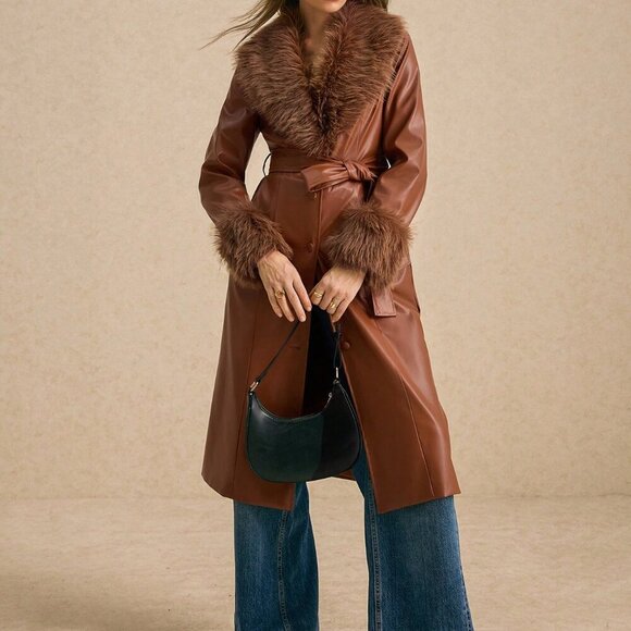 Coffee Brown Elegant Women's Faux Fur Collar Faux Leather Trench Coat - Picture 2 of 6